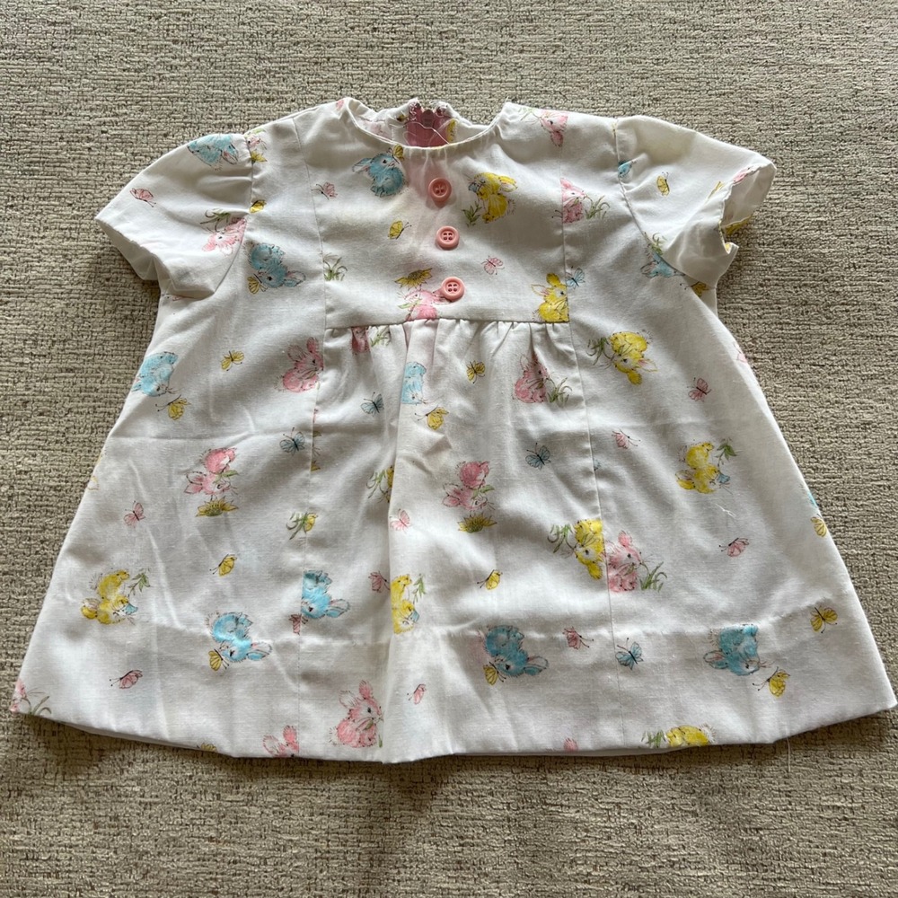 Vintage Handmade Baby Girls Spring‎ Bunny Butterfly Print Dress Pastel White Zip